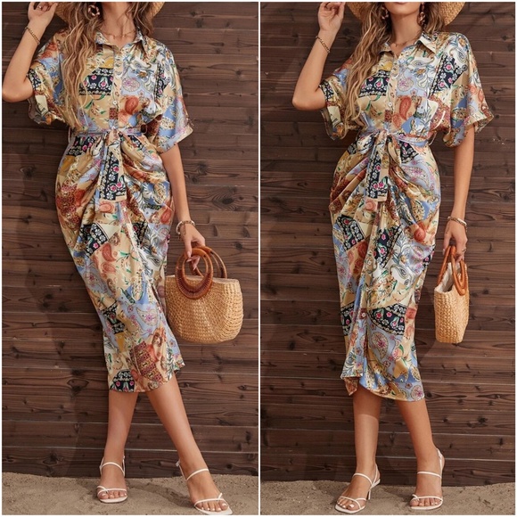 Dresses & Skirts - Boho Paisley Print Button up satin Dress
